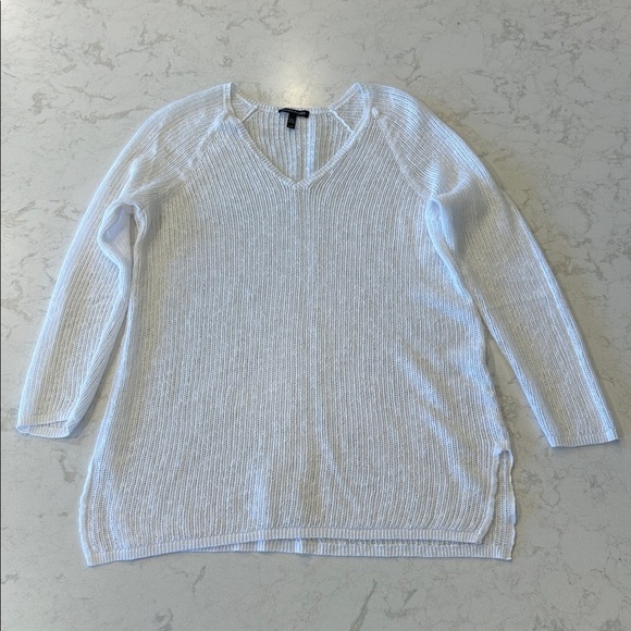Eileen Fisher Women's White Open Knit V-Neck Long Sleeve Sweater Fisherman Large - Picture 5 of 13